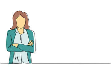 Single continuous line drawing smiling confident young woman in shirt, keeping arms crossed. Active businesswoman standing with folded arms pose. One line draw graphic design vector illustration