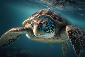 Fototapeta premium Portrait of a sea turtle swimming underwater. generative ai