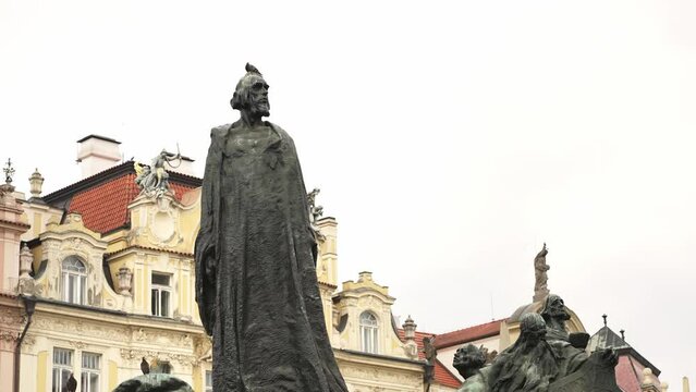 Jan Hus Memorial statue in Prague Old Town Square. Tourist attraction landmark in Czech Republic, travel destination in Europe.
