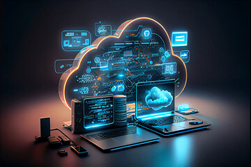 Cloud technology, computing. Devices connected to digital storage in the data center via the Internet, IOT, Smart Home Communication laptop, tablet, phone home devices with an online. Generative AI - obrazy, fototapety, plakaty