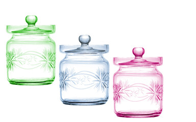 A set of three empty crystal glasses of clear jar isolated on white background.