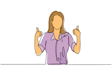 Single one line drawing confident businesswoman thumbs up. Excited female dressed in casual wear showing thumbs up sign. Deal, like, agree, approve, accept. Continuous line draw design graphic vector