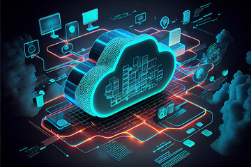 Cloud technology, computing. Devices connected to digital storage in the data center via the Internet, IOT, Smart Home Communication laptop, tablet, phone home devices with an online. Generative AI