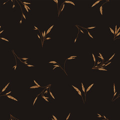 Background seamless with wild and dry grass. Dark background. Vector illustration with plant elements. Pattern for wallpaper, wrapping, textile. Earth color. Sketch.