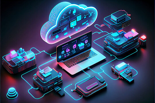 Cloud technology. Cloud computing. Devices connected to digital storage in a data center over the Internet. IOT. Smart Home. Communication laptop, tablet, phone and home devices. Generative AI