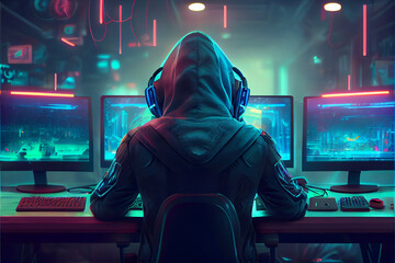 Hooded gamer at the computer playing online games in a meta universe, online cyberspace on the Internet. Data exchange, global cyber network, neon.  Generative AI