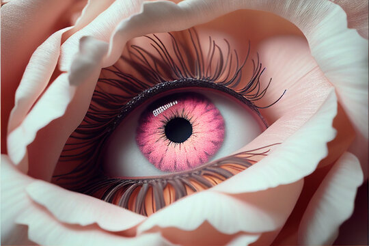  Pink rose eye close-up, art concept beauty, painted eyelashes. Generative AI