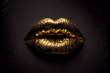 Gold lips metallic gloss on black background, fashion lip makeup close-up, macro texture lip makeup.  Generative AI - obrazy, fototapety, plakaty