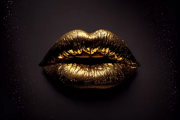 Fotobehang Gold lips metallic gloss on black background, fashion lip makeup close-up, macro texture lip makeup.  Generative AI © VICHIZH