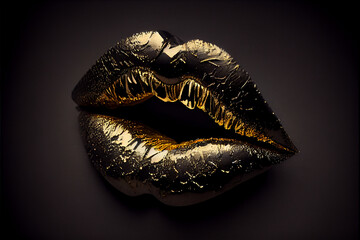 Gold lips metallic gloss on black background, fashion lip makeup close-up, macro texture lip makeup.  Generative AI