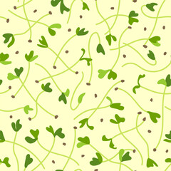 Seamless pattern with young leaves seedlings. Microgreens, raw sprouts, healthy eating vector illustration.