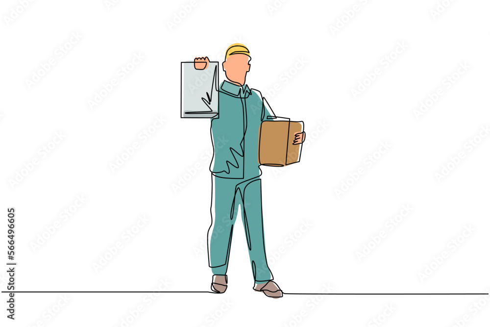 Poster single continuous line drawing happy delivery man with parcel post box and clipboard. delivery emplo