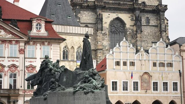Jan Hus Memorial statue in Prague Old Town Square. Tourist attraction landmark in Czech Republic, travel destination in Europe.
