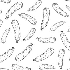 doodle seamless pattern with cucumber. Vector poster with vegetables on a white background with black lines