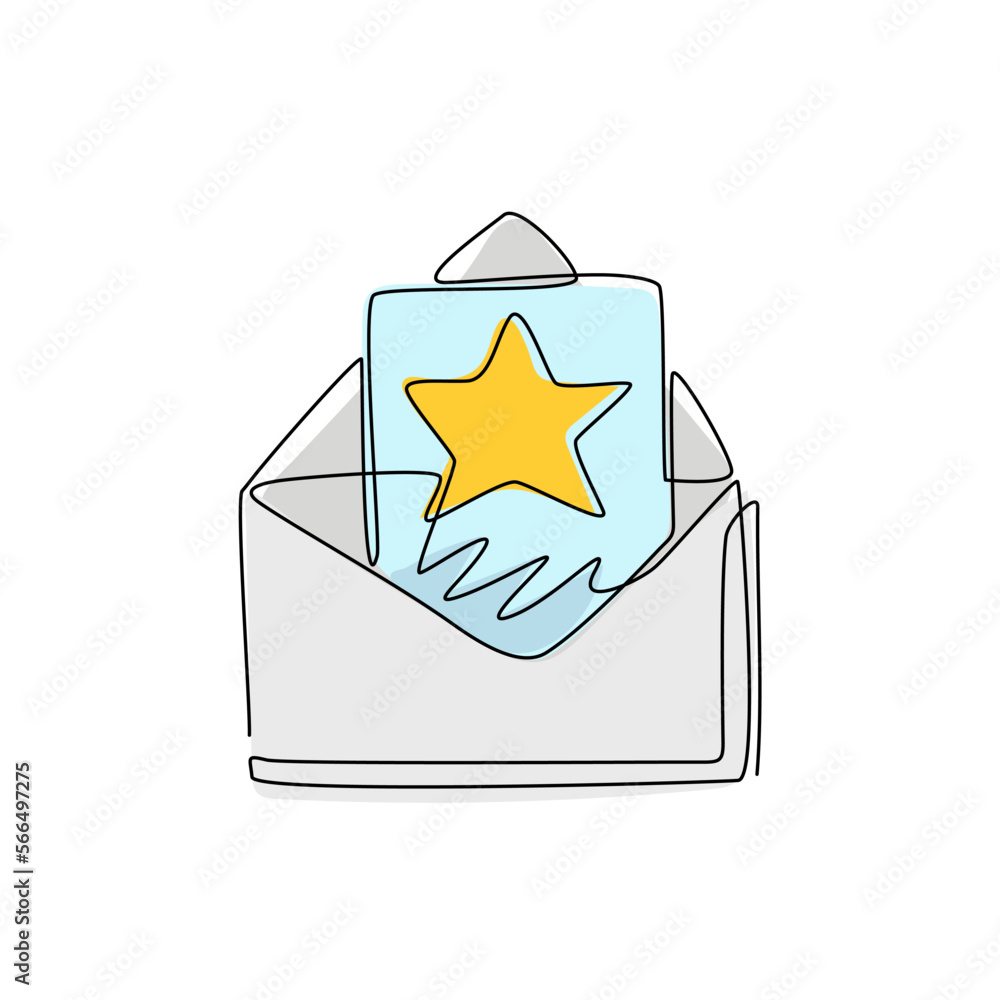 Poster single one line drawing opened mail envelope with star image. read incoming message. decoration for 