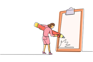 Fototapeta premium Continuous one line drawing businesswoman mark checklist with pencil. Person completion business task. Goal achievements planning schedule concept. Single line draw design vector graphic illustration