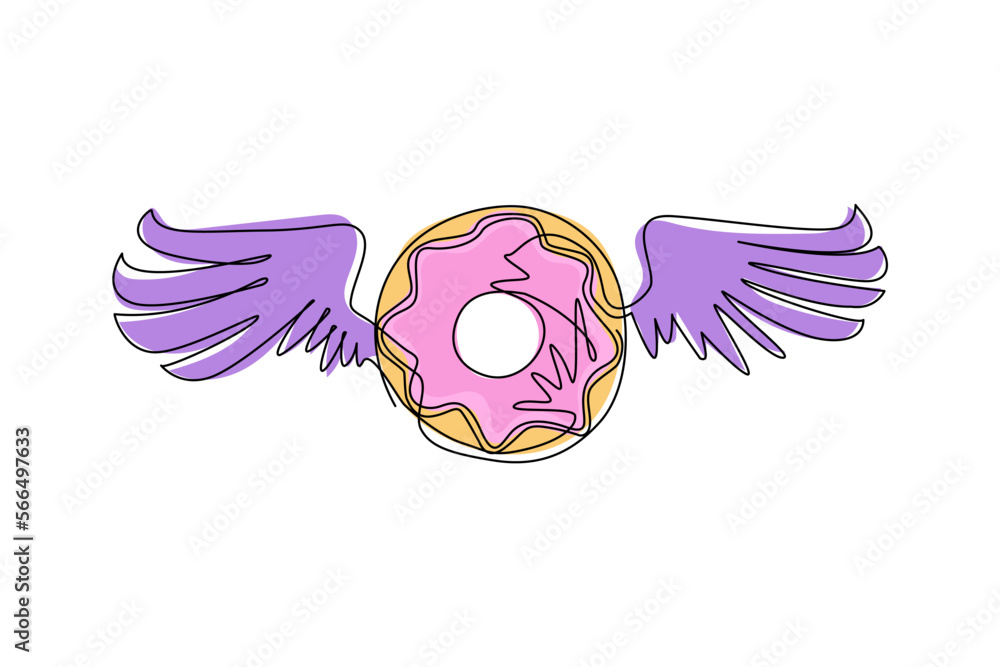 Poster single continuous line drawing seamless isolated kawaii pattern donut with wings. pastel child print