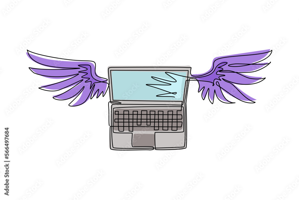 Poster continuous one line drawing laptop with wings flying in the sky. cloud computing concept. laptop com