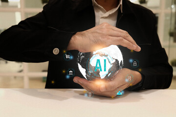 Businessman holding the world and display virtual screen artificial intelligence (AI) to manage business processes through various icons, and artificial intelligence concepts.