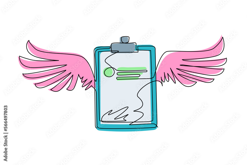 Poster continuous one line drawing clipboard with wings icon. task done. signed approved document icon. pro