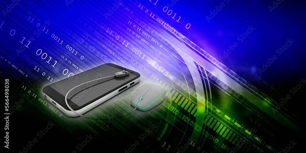 Poster 3d rendering mobile phone with rj45 connected mouse