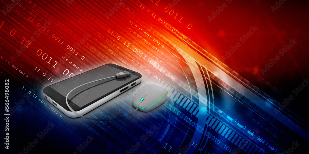 Poster 3d rendering mobile phone with rj45 connected mouse