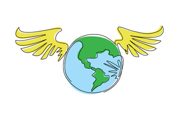 Single one line drawing winged globe world with logo. Travel sign. Stylized earth with wings symbol. Design element. Inspiration and encouragement concept. Continuous line draw design graphic vector