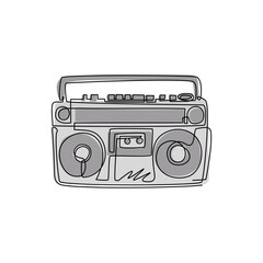 Single one line drawing radio tape or boombox black and white music emblem. Tape recorder monochrome graffiti. Retro radio icon symbol. Modern continuous line draw design graphic vector illustration