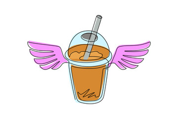 Single one line drawing bubble boba tea drink with wings. Food in doodle cartoon linear style. For flyer, sticker, card, logo, icon, print, poster. Modern continuous line draw design graphic vector