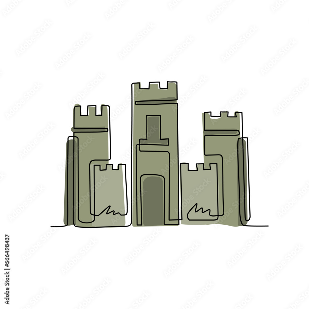 Poster continuous one line drawing knight's castle. stone medieval fortress with tower, wall and gate. prot
