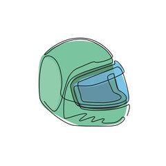 Continuous one line drawing motor racing helmet with closed glass visor. For car, motorcycle sport, race, motocross or biker club, motorsport competition. Single line draw design vector illustration