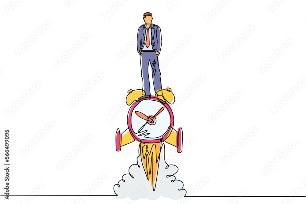 Poster single continuous line drawing businessman riding alarm clock rocket ship with fire, clouds. time, w