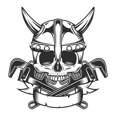 Vintage viking skull with ribbon and body shop mechanic spanner repair tool or construction wrench for gas and builder plumbing pipe in monochrome style vector illustration