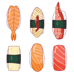 Various sushi and nigiri. Top view. Hand drawn colored Vector set. Japanese cartoon style. Trendy illustration.