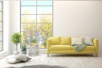White living room with sofa. Scandinavian interior design. 3D illustration