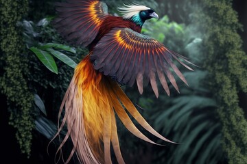hyper realistic photo of a bird of paradise exposing its unique feathers from a branch. wings open. jungle background. depth of field-gigapixel