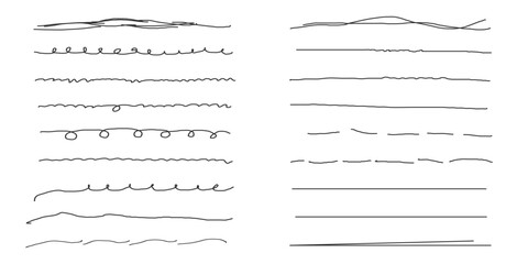 Set of artistic pen brushes.Doodles, ink brushes.Set of vector grunge brushes. Collection of strokes of markers. Set of wavy horizontal lines