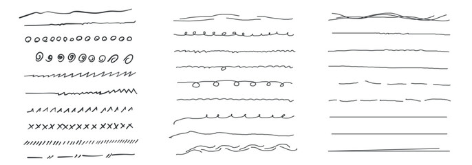 Set of artistic pen brushes.Doodles, ink brushes.Set of vector grunge brushes. Collection of strokes of markers. Set of wavy horizontal lines