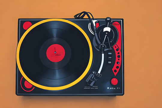turntable with vinyl record. old vinyl records. turntable with record. Turnable. Record player. Record player concept. turntable concept. Vinyl. Vinyl records. records. Stylized art. AI generated. LP.