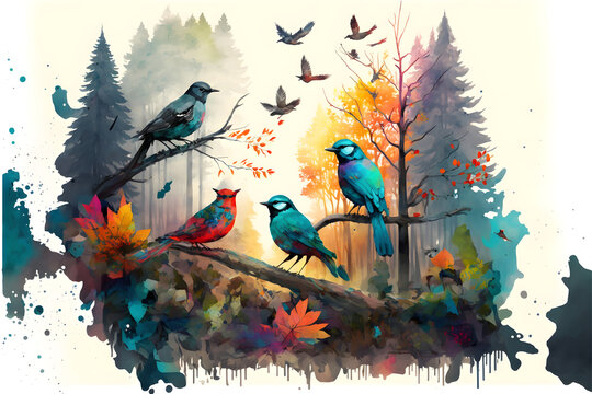 watercolor painting of a bird, Digital watercolor painting, high quality, of a forest landscape with birds, butterflies, and trees.