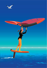 Young Woman on Wing Foil surf in open ocean 