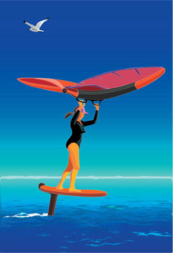Young Woman on Wing Foil surf in open ocean 