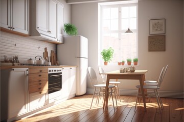 Kitchen Interior Design Classic Contemporary Series: Crisp white walls with light oak flooring, understated furnishings, and simple elegant décor. Generative AI
