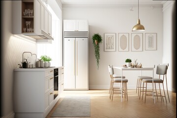 Kitchen Interior Design Classic Contemporary Series: Crisp white walls with light oak flooring, understated furnishings, and simple elegant décor. Generative AI
