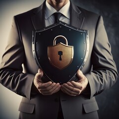 A businessman holding a shield with a padlock representing cyber security and data protection on a global network connection