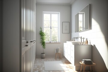 Fototapeta na wymiar Bath Room Interior Design Classic Contemporary Series: Crisp white walls with light oak flooring, understated furnishings, and simple elegant décor. Generative AI 