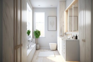 Naklejka na ściany i meble Bath Room Interior Design Classic Contemporary Series: Crisp white walls with light oak flooring, understated furnishings, and simple elegant décor. Generative AI 