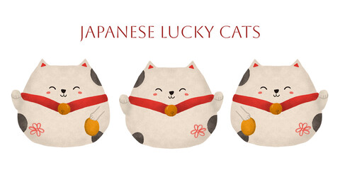 Adorable Japanese Lucky Cats. Watercolor Maneki Neko Isolated on white Hand-drawn Illustration Set