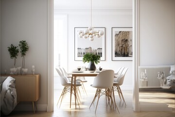 Fototapeta na wymiar Dining Room Interior Design Classic Contemporary Series: Crisp white walls with light oak flooring, understated furnishings, and simple elegant décor. Generative AI 