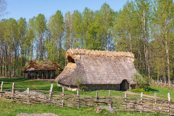Fototapeta na wymiar Longhouse on a meadow with wooden fence at spring